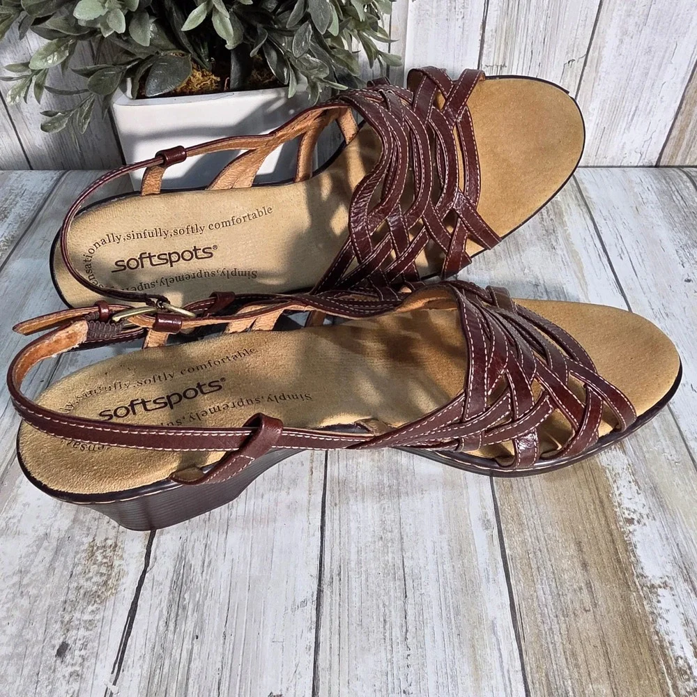 Softspots Womens Burgundy Brown Leather Strappy Wedge Slingback Sandals Size 9M